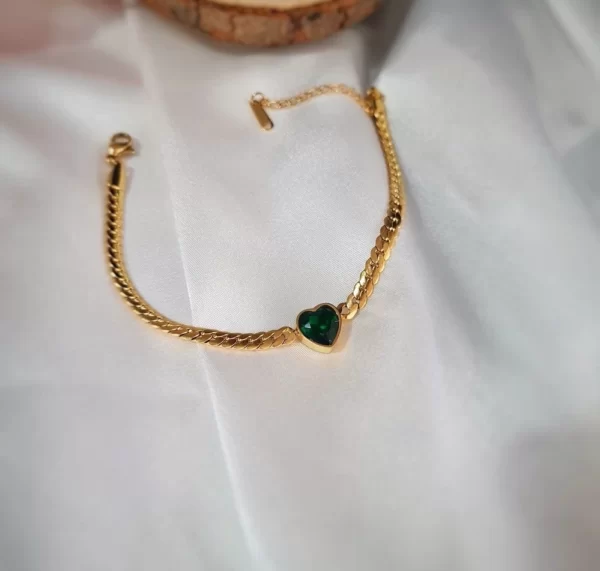 İtalyan Zincir Kalpli Zümrüt Taşlı Çelik Bileklik Gold Kararmaz Solmaz 316l Cerrahi Çelik Ürün Takı Kadın Eş Sevgiliye Anneye Hediye Denizde Duşta Kullanılır